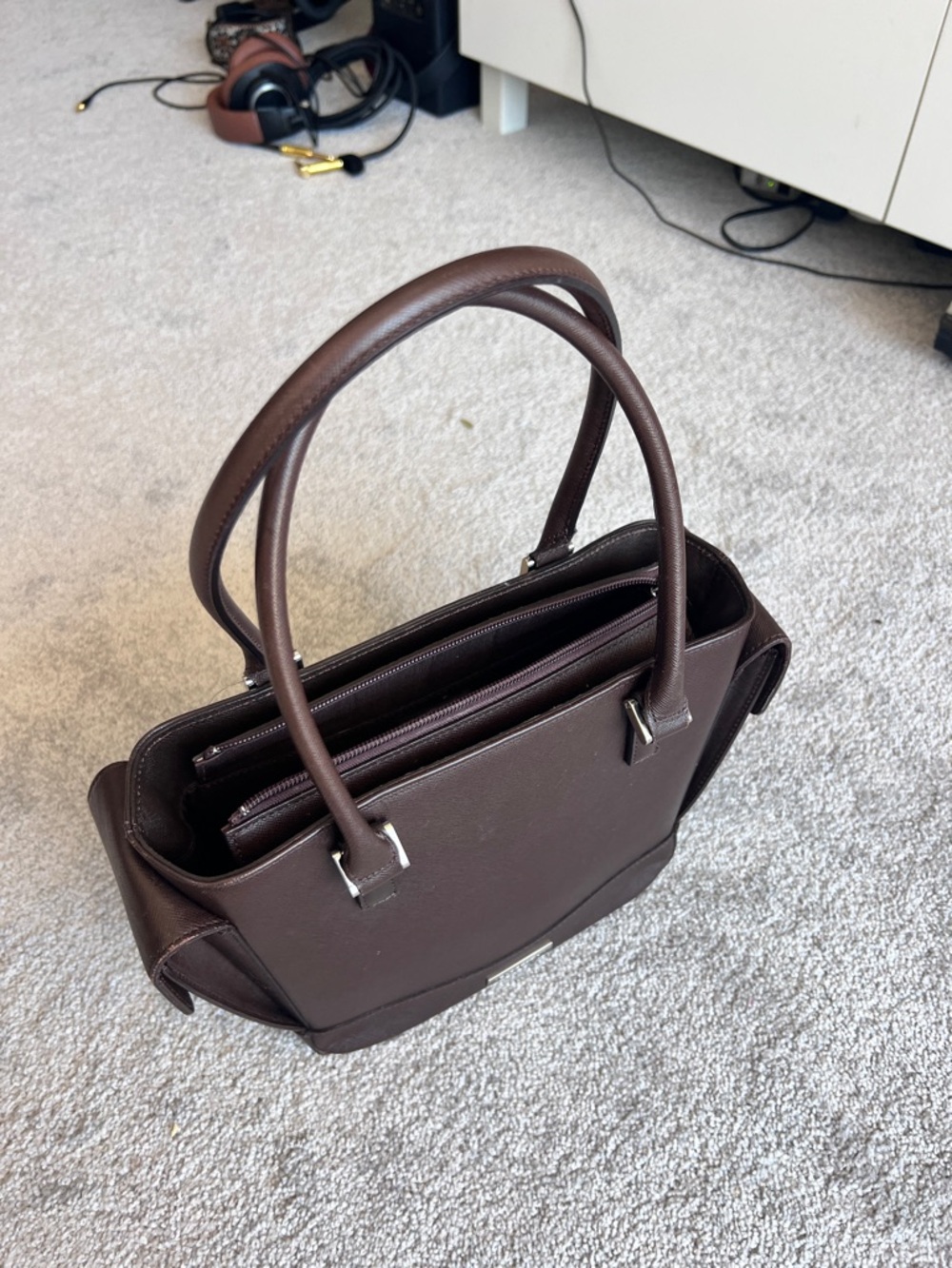 SALE! Burberry Nova Check Saffiano Leather Trapeze Tote Bag Dark Brown dust bag - Picture 5 of 15